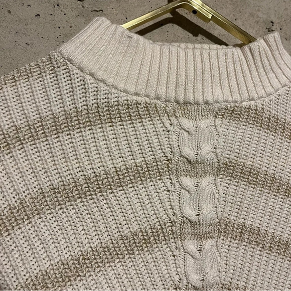 TALBOTS Outlet Metallic Gold Striped Cable Knit Mock Neck Sweater Size Large L - Picture 2 of 11